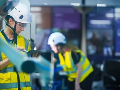 QHSE engineer entering inspection data on tablet in industrial environment, Slaeb QHSE module